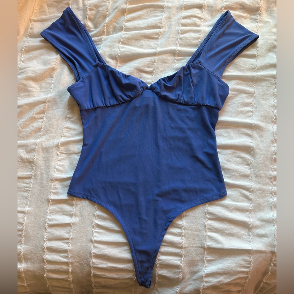 Open edit shirred cap sleeves blue body suit US size XS.